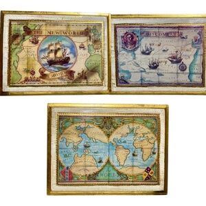 Vintage Italian Florentine New World Wood Gold Gilt Map Set MCM Made in Italy
